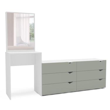 Imagem de Cômoda com Espelho Porto 6 Gavetas Branca e Verde