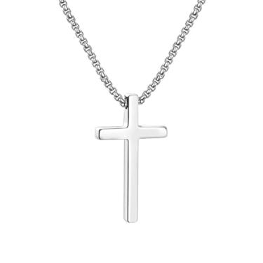 Imagem de Hobucuard Colar com cruz para homens, prata, preto, ouro, aço inoxidável, simples, corrente de caixa de 61 cm, joias delicadas de fé cristã, presentes religiosos para homens, Universal, Metal, Sem