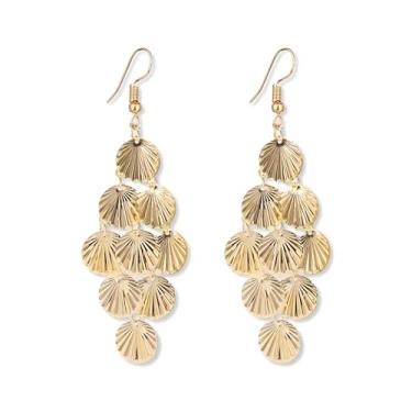 Imagem de QLUYCKW Brincos de borla de folhas multicamadas, modernos, leves, com padrão geométrico, diamante, pingente de gota, brincos minimalistas, joias boêmias para mulheres e meninas, Zinco, não