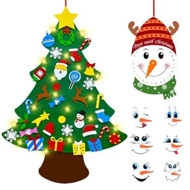 Imagem de Árvore de Natal de feltro para crianças, conjunto de árvore de feltro DIY de 1,1 m para parede com luzes + calendário do advento do boneco de neve + 6 adesivos de rosto + 33 ornamentos, atividades de