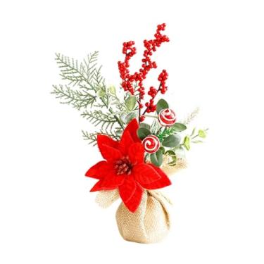 Imagem de UGPLM Mini árvore de Natal com base de para decoração de mesa, árvore de Natal artificial decorativa para bar, sala de estar e lareira, Flor Vermelha de Natal