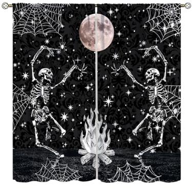 Imagem de VUMIVI Cortinas de lua esqueleto preto padrão damasco céu estrelado fogueira misteriosa dança retrô arte abstrata haste bolso tratamentos de janela para sala de estar, jantar, quarto, cozinha, festa