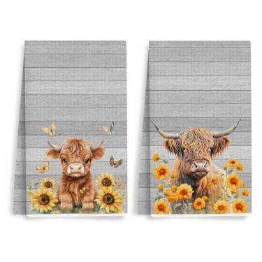 Imagem de XFN 2 peças de toalhas de cozinha rústicas de vaca Highland 61 x 35 cm, adorável vaca girassol borboleta fundo de madeira toalhas de mão waffle para cozinha casa de fazenda, pano de prato de