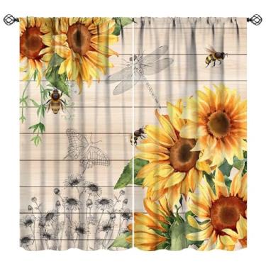 Imagem de Cortinas de girassol Country Farmhouse vintage floral tábua de madeira impressa blackout cortinas de janela para quarto cozinha decoração conjunto de tecido 2 painéis 106 x 113 centímetros 30% taxa de