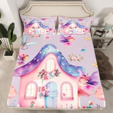 Imagem de Erosebridal Jogo de cama solteiro de jardim de fadas, borboleta de fada sonhadora, fofo, rosa, floral, cogumelo, kawaii, 2 peças, lençol com elástico (sem lençol de cima)