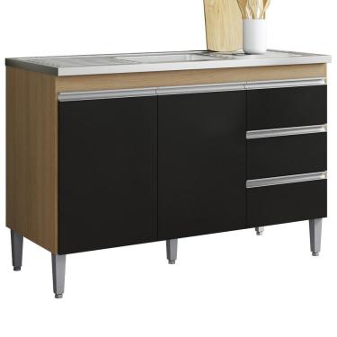 Imagem de Balcão Pia Sem Tampo 2 Portas 3 Gavetas 116 Cm Andreia Amendoa Preto Reajl Moveis