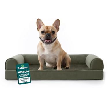 Imagem de Furhaven Cama ortopédica para cães médios/pequenos com almofadas removíveis e capa lavável, para cães de até 16 kg - sofá de pele sintética e veludo - sálvia escura, média