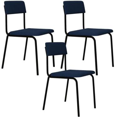 Imagem de Kit 03 Cadeiras Estofada Para Sala De Jantar Sense Preto C01 Linho Azul - Lyam Decor