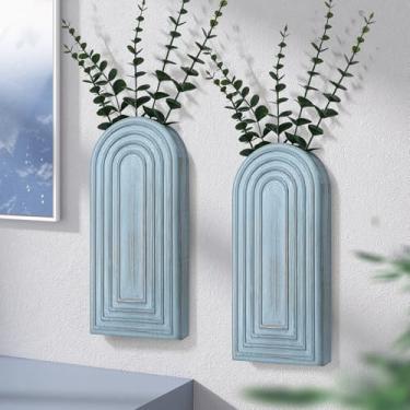 Imagem de EOSAHR Conjunto de 2 vasos de parede para decoração boho de madeira de pinho - decoração decorativa de parede para sala de estar, quarto e banheiro - vasos suspensos costeiros para plantas de interior