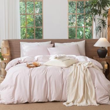 Imagem de MooMee Conjunto de capa de edredom listrado, 100% algodão lavado, linho, texturizado, respirável, durável, macio e confortável (listras largas em rosa acinzentado e branco, palaciano king/tamanho