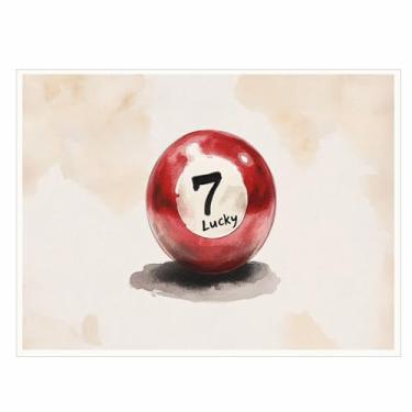 Imagem de Arte de parede em tela vermelha vintage com 7 bolas, pôsteres com impressão de bilhar da sorte, pôster retrô para sala de jogos, decoração de parede elegante e minimalista, 28 x 35 cm, sem moldura