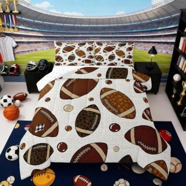 Imagem de Erosebridal Jogo de cama solteiro com estampa de futebol, rúgbi, esportivo, para meninos, crianças, adolescentes, adultos, jogos, bola e bola, marrom, com enchimento de bolinhas, bege