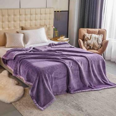 Imagem de Cobertor de lã com peso e mantas fofas femininas masculinas para cama sofá adulto longo duplo macio respirável confortável lavável na máquina para primavera outono inverno (roxo, 200 x 230 cm)
