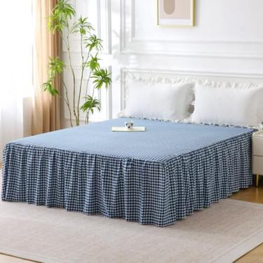 Imagem de Silnuo Saia de cama xadrez azul marinho/branco de algodão lavado gasto guingão xadrez com babados king size 45,7 cm (1 saia de cama apenas)