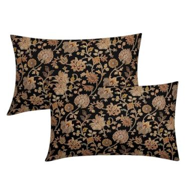 Imagem de Capas de almofada lombar floral marrom preto 30,5 x 50,8 cm conjunto de 2 fronhas decorativas vintage boho flores folhas planta algodão linho capa de almofada decoração de casa de fazenda para sofá