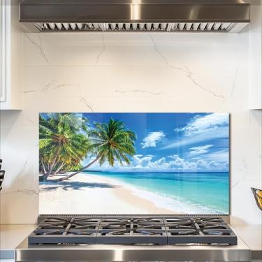 Imagem de fzxwyishu Backsplash de cozinha de vidro temperado, tampa superior traseira de fogão, azulejo respingo, coqueiros na praia à beira-mar Capa de pia de cozinha, proteção contra respingos, decoração de