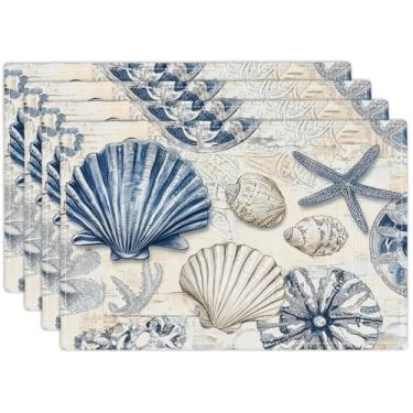 Imagem de Conjunto de 4 jogos americanos Ocean Shells, vintage, estrela-do-mar, coral, conchas azuis, tapetes de mesa para cozinha, sala de jantar, restaurante, 46 x 30 cm