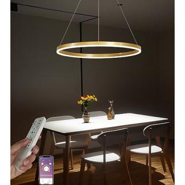 Imagem de Luminária pendente LED dourada para sala de estar, com controle remoto, dimerizável, para quarto e sala de jantar. Lustre redondo em acrílico com 1 volta, Ø60cm - 39W.