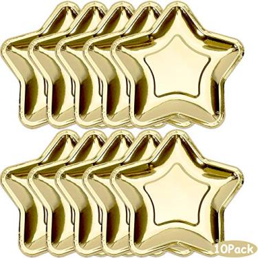 Imagem de 10 peças de pratos de papel dourado estrela, pentagrama, 17 cm, pratos de papel descartáveis, utensílios de jantar para Natal, Halloween, jantar, casamento, aniversário, piquenique, aperitivos, frutas