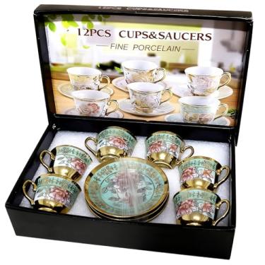 Imagem de 6 conjuntos de xícara e pires de cereais de leite de cerâmica de 85 g, conjunto de xícara e pires de café de suco de porcelana para chá de festa, chá de panela, casamento, Natal, evento (6 conjuntos