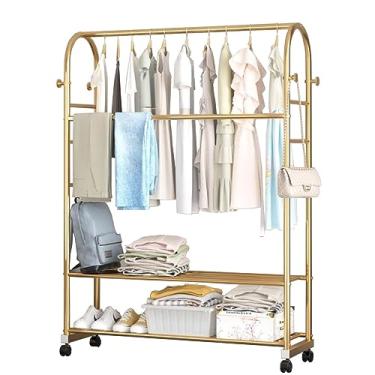 Imagem de Cabideiro com rodas, suporte de casaco com 2 sapateiras, pode armazenar roupas, chapéus e sapatos, adequado para lojas de roupas, salas de estar e quartos, dourado
