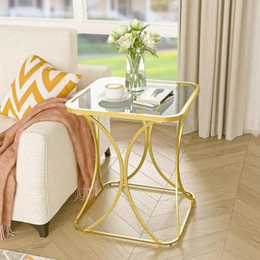 Imagem de CAFOM Mesa de canto quadrada de 50 cm com tampo de vidro temperado, moldura de metal elegante em forma de X, mesa de centro de sala de estar, mesa lateral de sofá, mesas de destaque para espaços