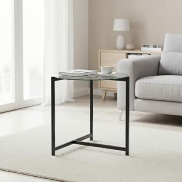 Imagem de Mesas de centro redondas de vidro, pequena mesa central moderna e simples com moldura de metal, mesa de centro de vidro de 41 cm para sala de estar, varanda, quarto, escritório, pequena