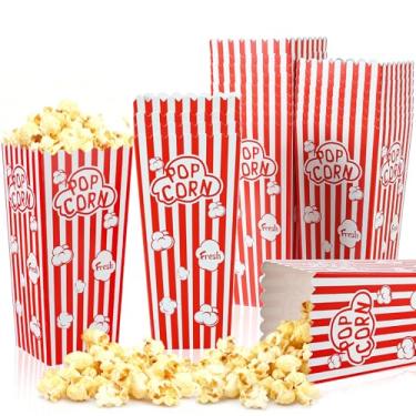 Imagem de Ysglory 100 unidades de caixas de pipoca, recipientes de papel, baldes de pipoca, listrados, vermelhos e brancos, tigelas de papelão, pipoca, pipocas, sacos individuais para festa e cinema (100)
