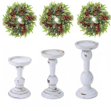 Imagem de Mumufy 6 peças de castiçais de madeira vintage de Natal para velas de pilar, conjunto de 3 peças de mesa de centro de mesa de Natal rústica para decoração de castiçal de Natal para decoração de