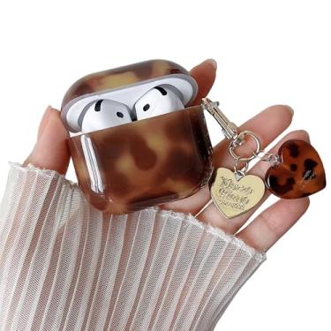 Imagem de MINSCOSE Capa transparente compatível com AirPods 4, estampa de leopardo âmbar com chaveiro moderno em forma de coração, capa protetora de TPU macio à prova de choque para AirPods 4ª geração - marrom