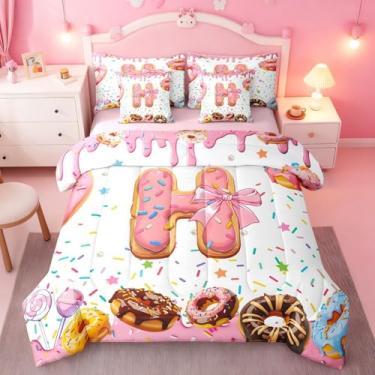 Imagem de Erosebridal Sweet Donut Conjunto de edredom para meninas, tamanho casal, personalizado, letra H, com estampa de laço rosa, monograma, 7 peças, cama em uma bolsa