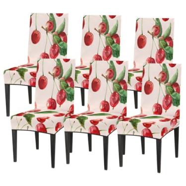 Imagem de hongjinglin Conjunto de 6 capas elásticas para cadeira de sala de jantar, capa protetora de assento de cadeira, frutas, cereja, estampa fofa, removível, lavável, para cozinha, casa, hotel, banquete
