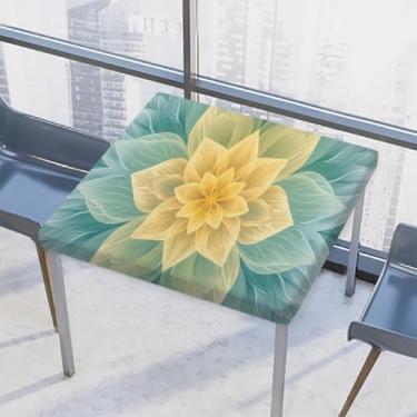 Imagem de hongjinglin Toalha de mesa quadrada para uso ao ar livre com borda elástica, toalha de mesa quadrada com flor limpável, amarelo, azul, mandala, para ambientes externos, ambientes internos, pátio
