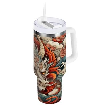 Imagem de xigua Copo vintage com estampa de dragão 1,134 g com tampa e canudo, aço inoxidável de vácuo duplo isolado garrafa de água esportiva suporte para copo de café de viagem à prova de vazamento para