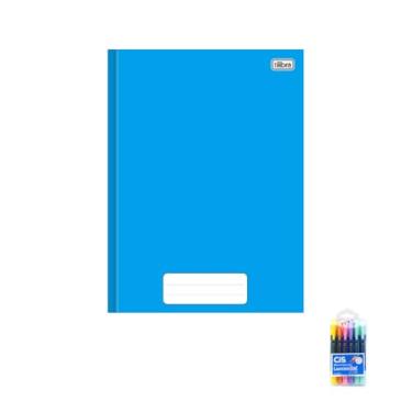 Imagem de Kit Caderno Brochura Capa Dura Azul 80 Folhas + Caneta Esferográfica e Marca Texto