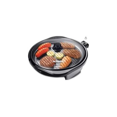 Imagem de Grill Elétrico Redondo Premium, Churrasqueira Elétrica Antiaderente, 40cm, 1200W, 220V, Preto, com Termostato Ajustável, Bandeja Coletora de Gordura, para Uso Interno