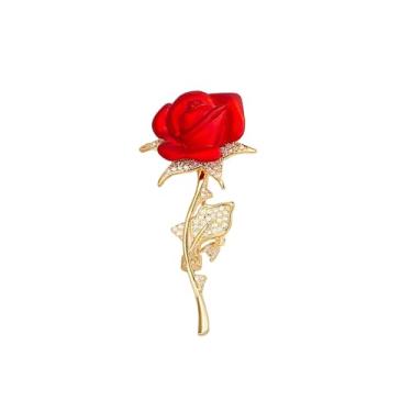 Imagem de Just Follow Broche de flor rosa vermelha com strass brilhante broche floral para mulheres blazer vintage vestido chapéu cachecol acessório, Large, Metal, Sem Pedra Preciosa