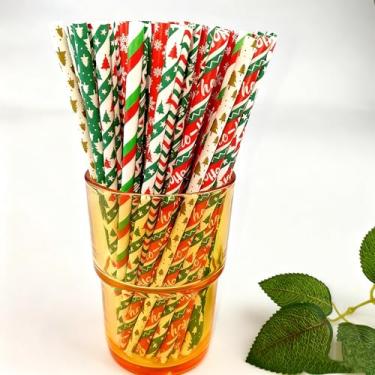 Imagem de 50 canudos de papel de Natal com decoração de cartão, canudos de papel descartáveis biodegradáveis de 19 cm para beber decoração de festa de Natal (estilo 1)