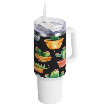 Imagem de Kigai Copo de planta em vaso de cacto de 1,134 g com tampa e palha, copo isolado de aço inoxidável durável à prova de vazamento com alça, garrafas de água à prova de derramamento para viagens