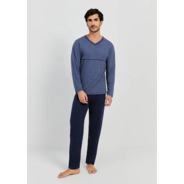 Imagem de Pijama Masculino Longo Com Decote V - Hering, G, Azul marinho
