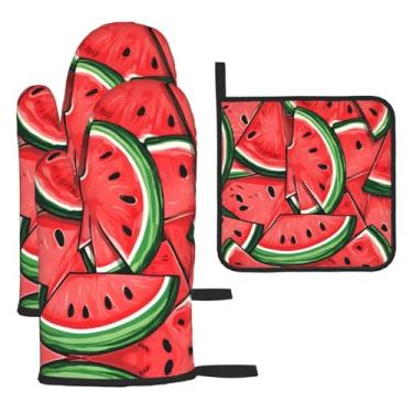 Imagem de Melancia – Conjunto de cozinha essencial com 3 peças, luvas resistentes ao calor e aderência da tampa, proteção para churrasco no forno, design de armazenamento suspenso.