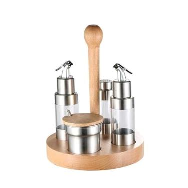 Imagem de OKPJFHS Conjunto de condimentos de galheteiro de cerâmica com 4 peças, garrafas de óleo e vinagre de aço inoxidável, garrafas de condimento para saleiro e pimenteiro (