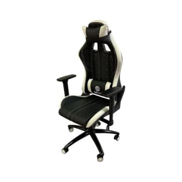 Imagem de Cadeira Gamer Ergonômica com Reclinação, Preta com Detalhes Branco, Revestimento em Veludo, Ajuste de Altura, Base 320mm, 127-135cm