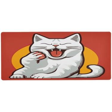 Imagem de Wassud Um tapete de rato de gato branco feliz organizador de mesa grande teclado de computador tapete de rato tapete de mesa material de escritório 80 cm x 30 cm