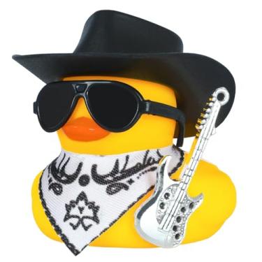 Imagem de FINEED Pato de borracha cowboy legal com guitarra, chapéu, bandanas Paisley e óculos de sol - acessório de decoração de painel de carro, presente de alívio de estresse para adultos
