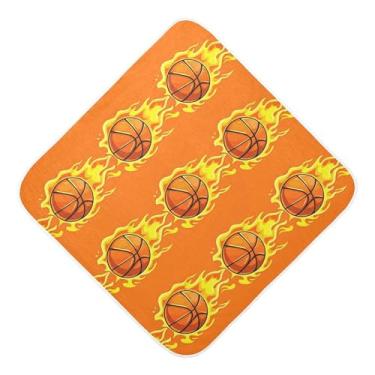 Imagem de Burbuja Toalha de banho de bebê com bolas de basquete com chamas de desenho animado - Toalha com capuz de musselina macia e absorvente para recém-nascido, 76 x 76 cm