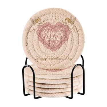 Imagem de GakkiGii Conjunto de 6 porta-copos redondos absorventes de dia dos namorados com suporte, porta-copos de tecido para mesa de centro, bar, decoração de cozinha