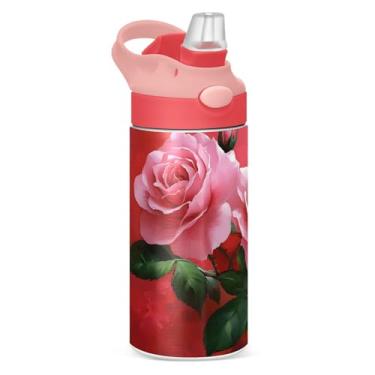 Imagem de xigua Garrafa de água infantil Two Roses com canudo – Copo de aço inoxidável à prova de vazamento de 340 g para esportes, creche