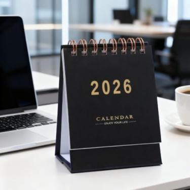 Imagem de Mini calendário de mesa 2026 em preto compacto com economia de espaço (12 x 7 cm) com encadernação de bobina
