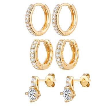 Imagem de MDFUN Brincos de argola para mulheres, banhados a ouro 18 k, hipoalergênicos, cartilagem, conjunto de brincos para vários piercings, joias modernas, presentes, Small, Latão, Zircônia cúbica